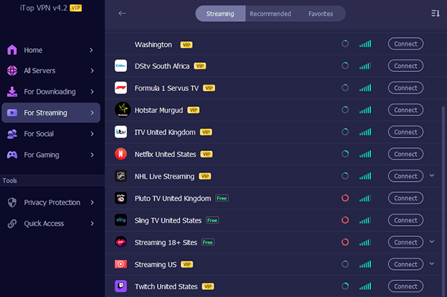 Screenshot of iTop VPN, streaming servers