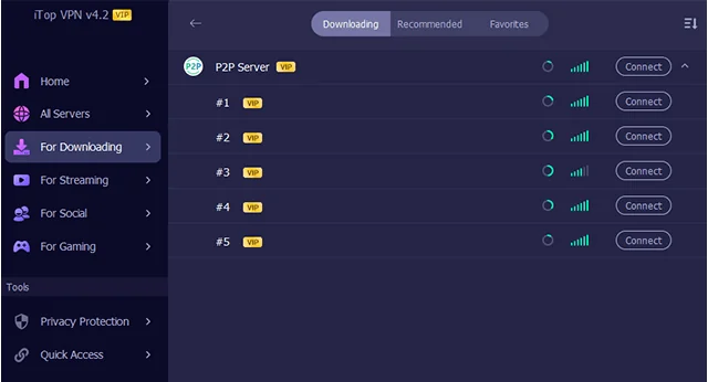 Screenshot of iTop VPN, torrenting servers