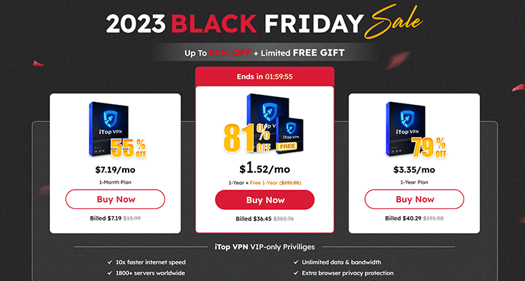 A screenshot of the iTop VPN Black Friday sale.