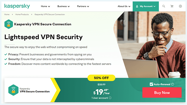 Screenshot of Kaspersky VPN website homepage