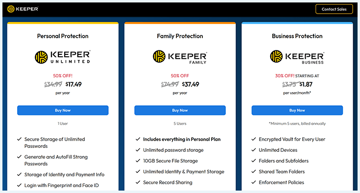 A screenshot of Keeper's pricing plans.