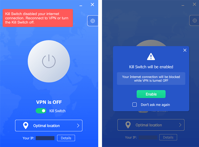 Screenshot of VeePN app, Kill switch enable window
