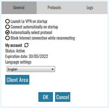 Screenshot of Le VPN, General settings