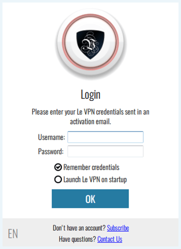 Screenshot of Le VPN, Login after installation