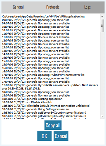 Screenshot of Le VPN, Logs
