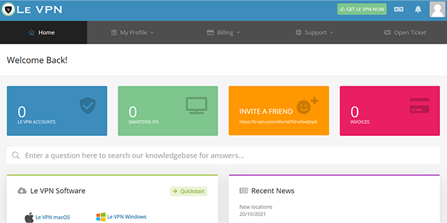 Screenshot of Le VPN, Personal dashboard