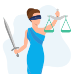 Justice lady with legal scale and sword and blob background icon