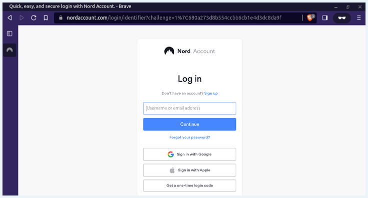 NordVPN login page, Brave browser