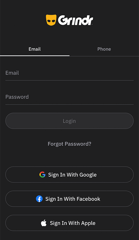 Screenshot of Grindr Login page, mobile