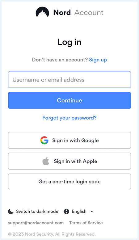 Screenshot of NordVPN Account Login page, mobile