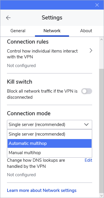 Screenshot of the Multi Hop function in Malwarebytes