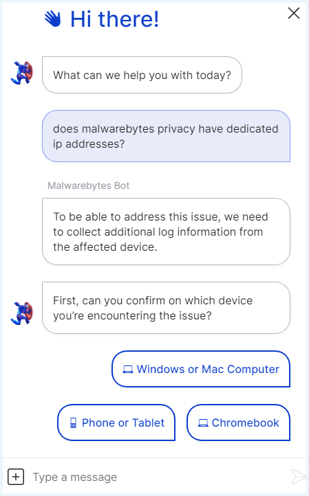 Screenshot of Malwarebytes' Support Bot