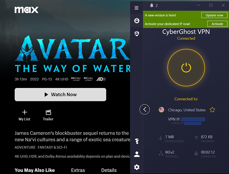 CyberGhost VPN connected to United States server and MAX streaming platform in the background