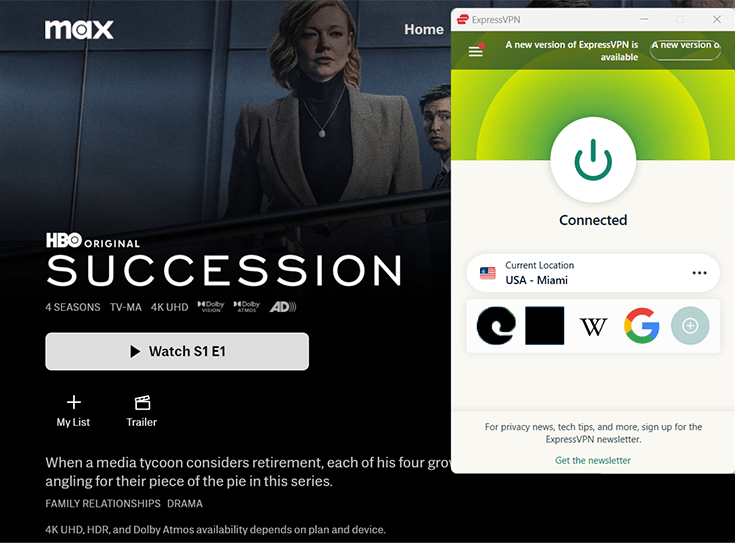 ExpressVPN connected to United States server and MAX streaming platform in the background