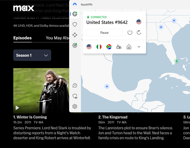 NordVPN connected to United States server and MAX streaming platform in the background