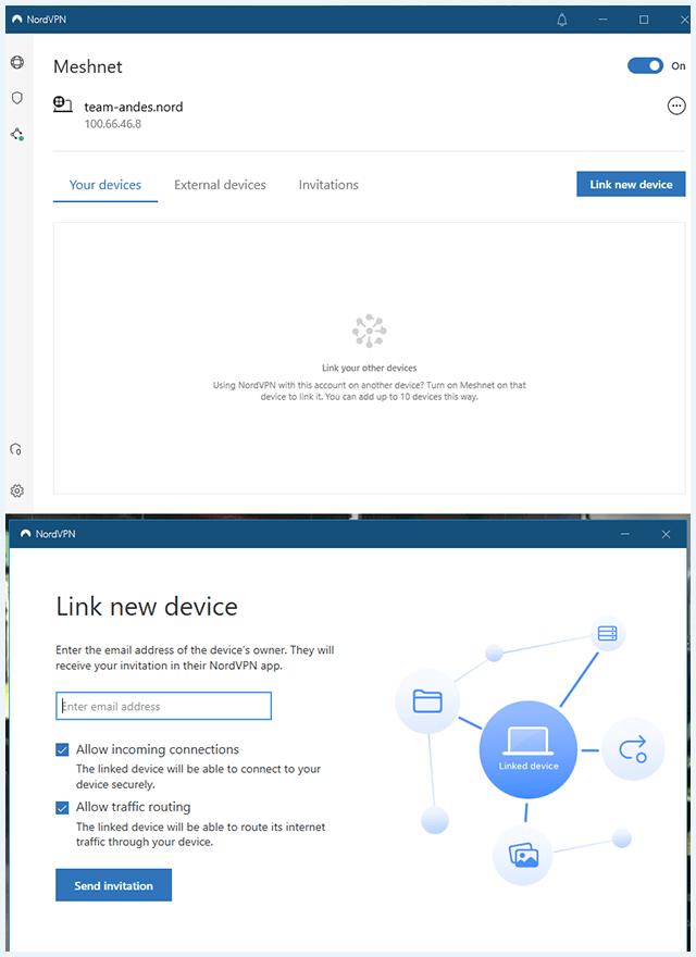 Screenshot of NordVPN, Meshnet Invite