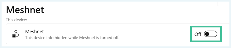 Screenshot of Meshnet settings, on and off