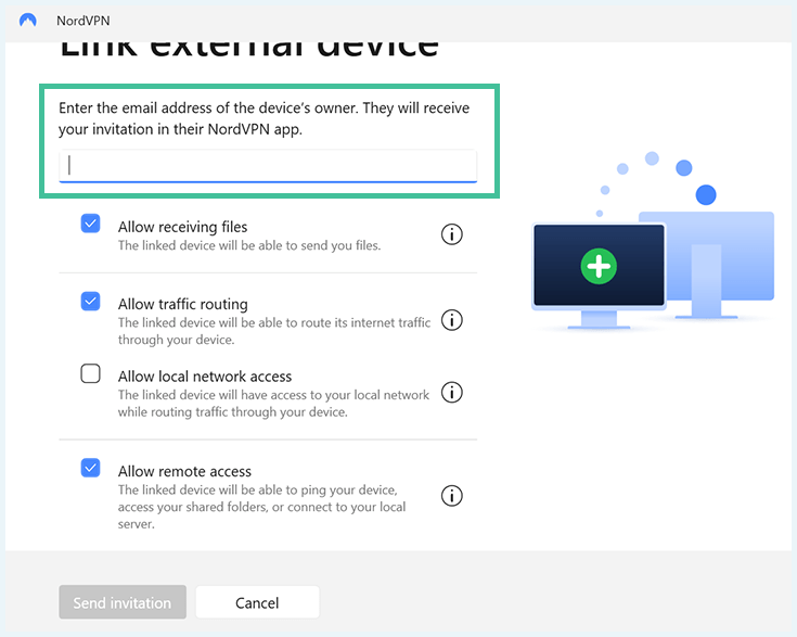 Screenshot of NordVPN, link external device
