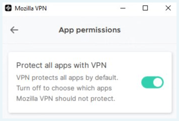 Mozilla VPN; Protect all aps with VPN settings window screenshot