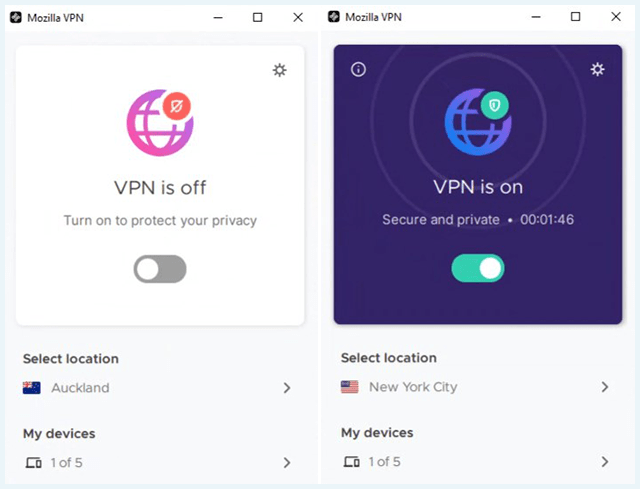 Mozilla VPN client home screens, VPN off and VPN on screenshots