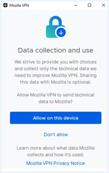 Mozilla VPN, data collection and use settings window screenshot