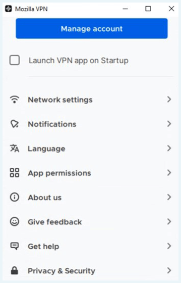 Mozilla VPN settings, Manage account window screenshot