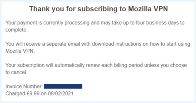 Thank you for subscribing to Mozilla VPN window screenshot