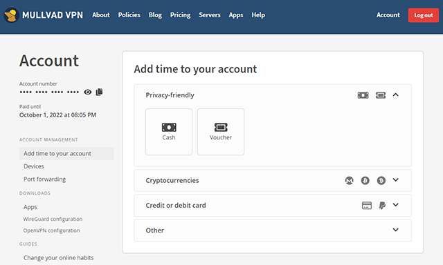 Screenshot of Mullvad VPN, Account