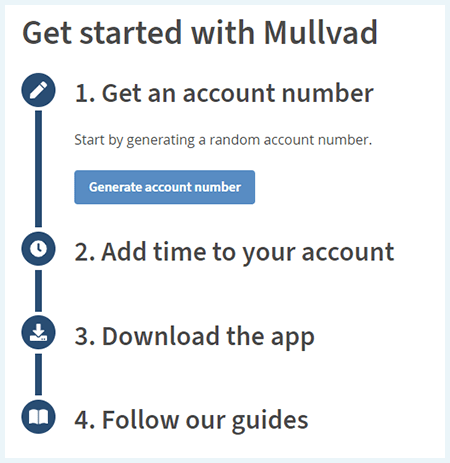 Screenshot of Mullvad VPN, Get started