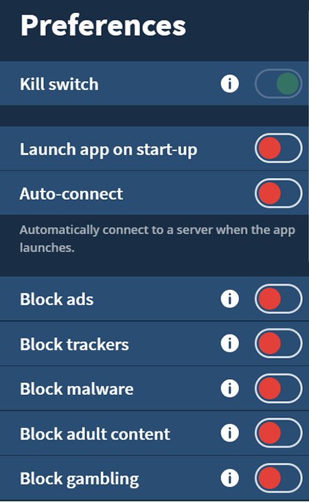 Screenshot of Mullvad VPN, Kill switch