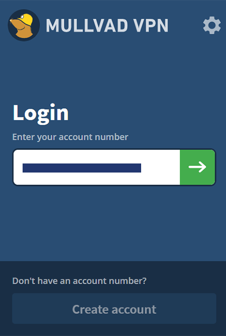 Screenshot of Mullvad VPN, Login