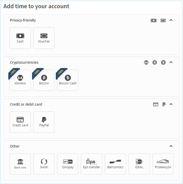 Screenshot of Mullvad VPN, payment methods