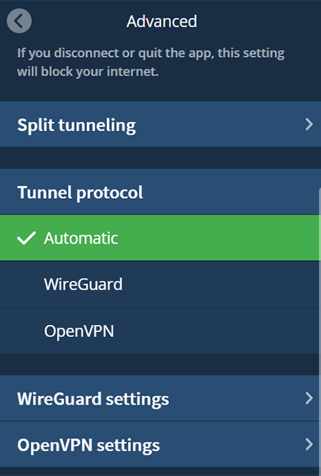 Screenshot of Mullvad VPN, protocols