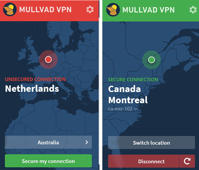 Screenshot of Mullvad VPN, secured and unsecured connections