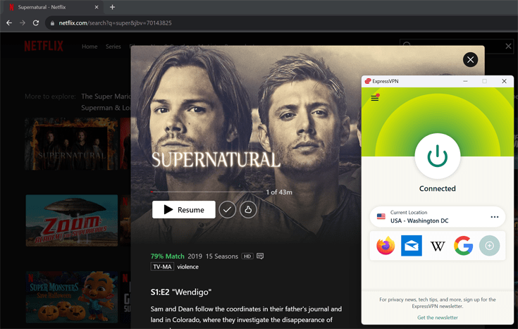 A screenshot of the show Supernatural on Netflix in the background, with the ExpressVPN client in the foreground.