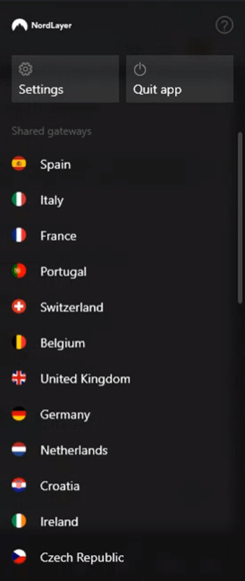 Screenshot of NordVPN, Nordlayer servers
