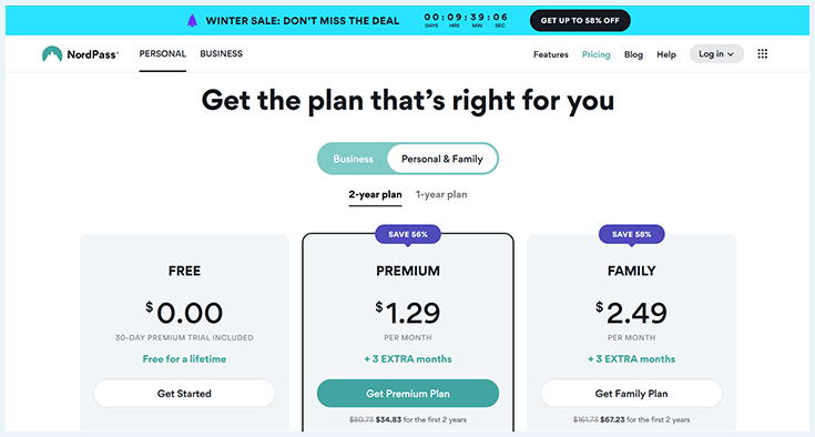 A screenshot of NordPass's pricing plans.