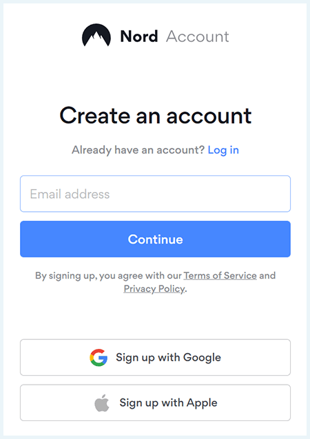 Screenshot of NordVPN, Create account
