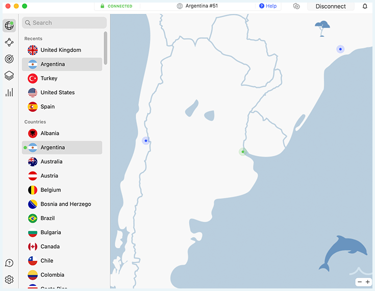 NordVPN connected to a server in Argentina