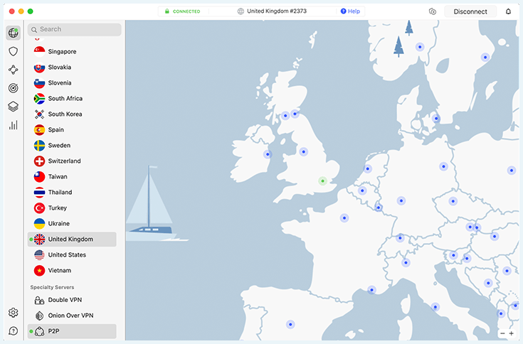 NordVPN, client connected interface, UK server