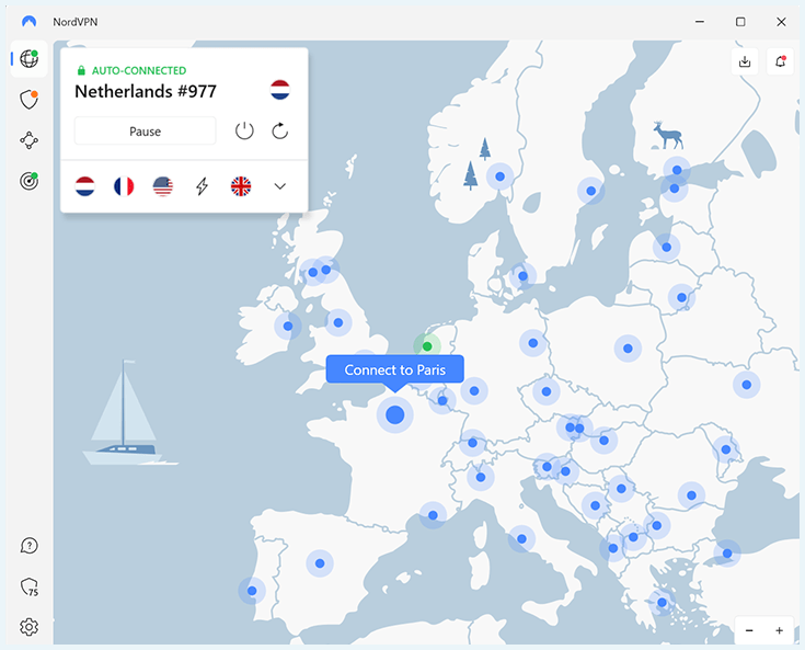 NordVPN interface, connect to Paris server