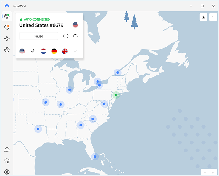 A screenshot of the NordVPN interface showing an active connection to the United States.