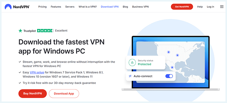 A screenshot of the NordVPN website showing a button you can click on for downloading the VPN.