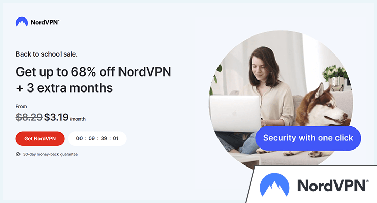 NordVPN homepage showing a back to school deal where you can get 68% off and 3 extra months for free.