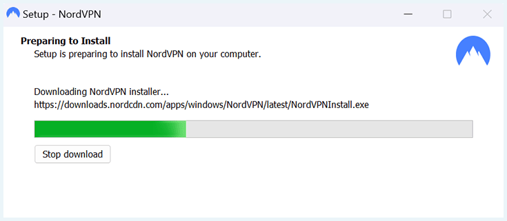 NordVPN installation wizard, halfway complete.