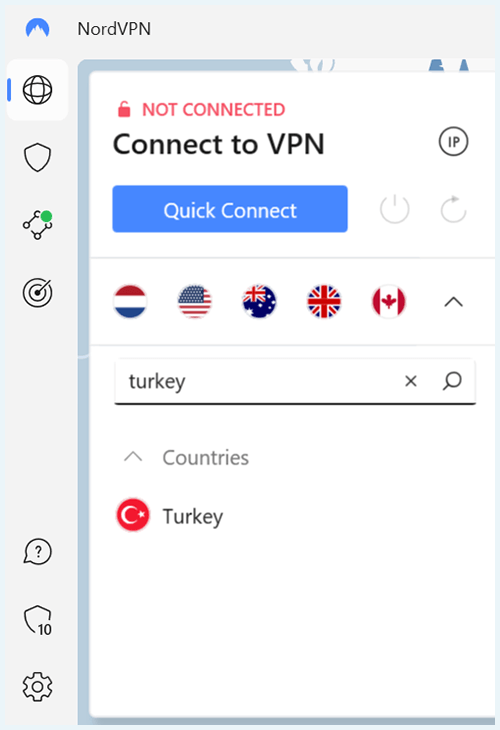 Interface of NordVPN software, search for Turkey server