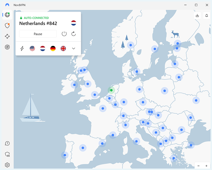 A screenshot of the NordVPN interface when you open the VPN, showing servers in Europe.