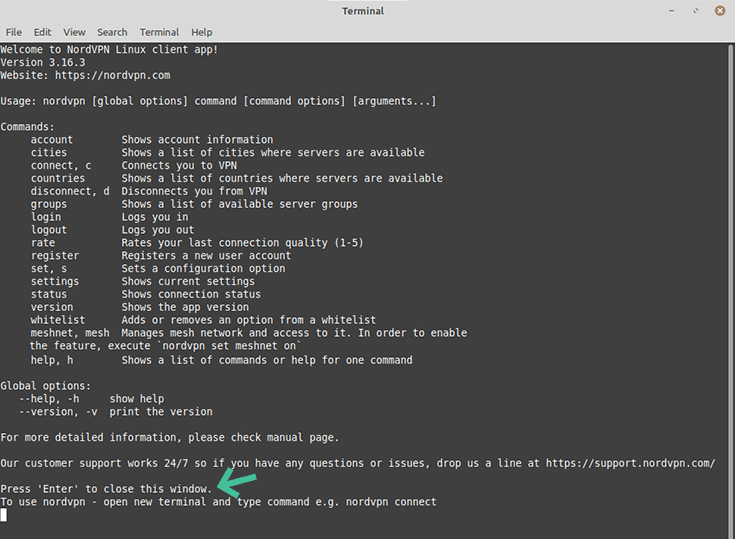 Linux terminal, NordVPN app