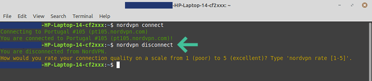 Linux terminal, NordVPN disconnect from server command