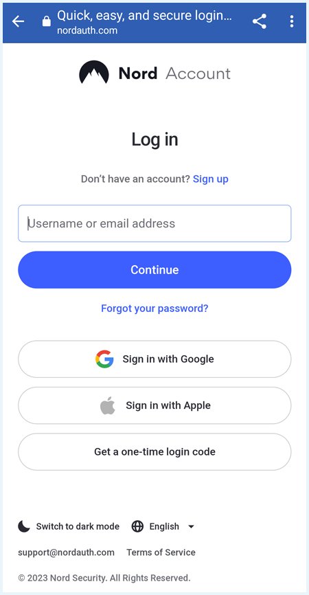 Screenshot of the NordVPN app login page on Android